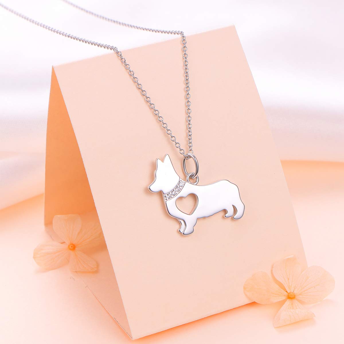 FLYOW 925 Sterling Silver Hollow Heart Corgi Dog Pendant Necklace Jewelry for Women Corgi Lover Gifts,18" (Corgi Necklace)