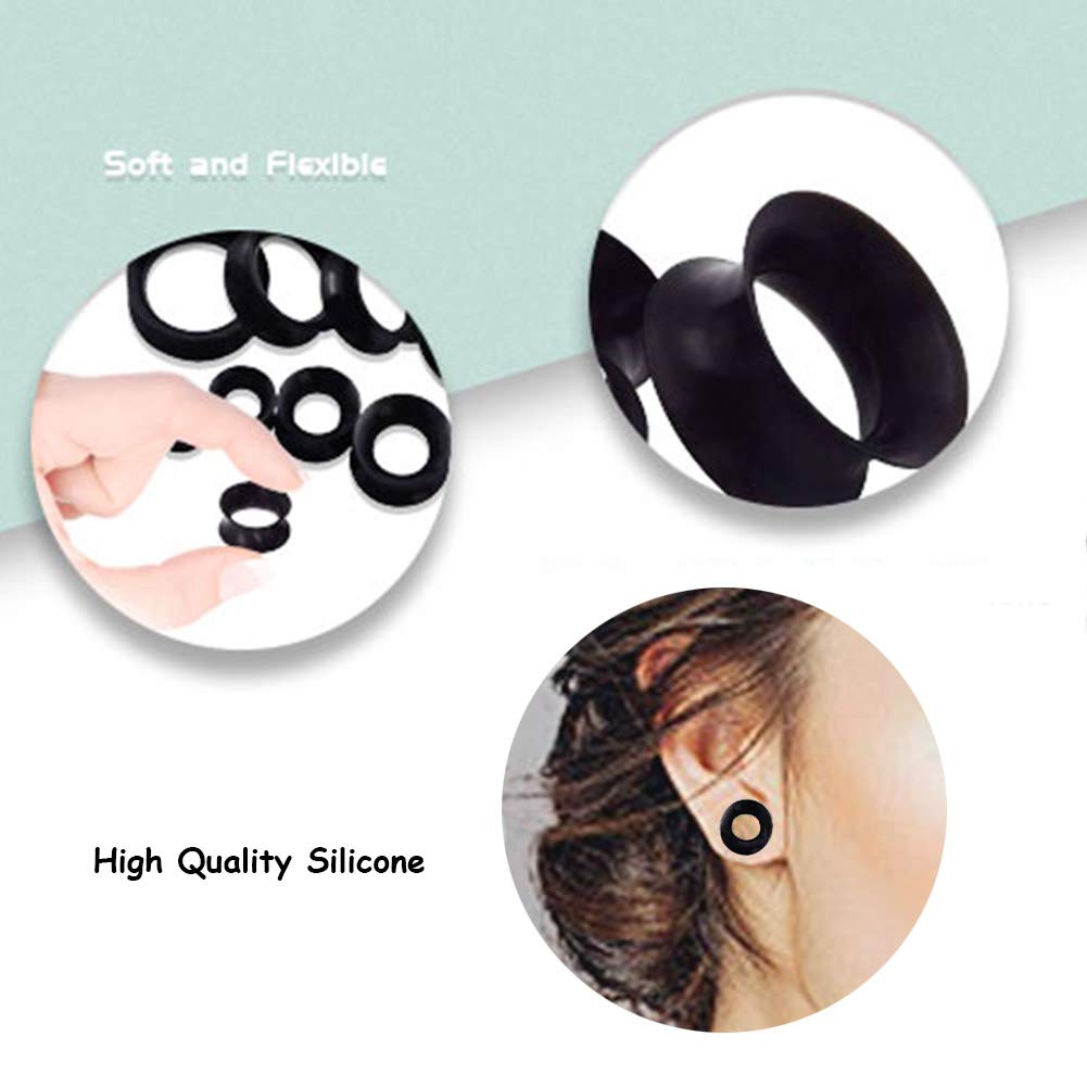 Yungger 3 Pairs Black Ultra Thin Silicone Double Flared Flexible Tunnel Ear Stretching Plug Gauge 00g, black