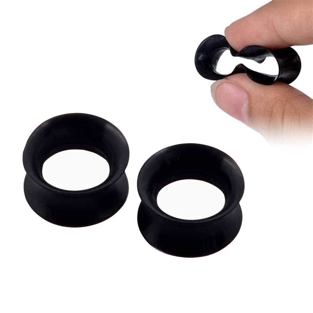 Yungger 3 Pairs Black Ultra Thin Silicone Double Flared Flexible Tunnel Ear Stretching Plug Gauge 00g, black