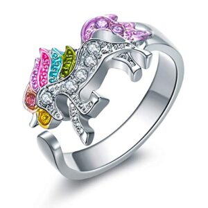 ALoveSoul Adjustable Silver Tone Little Princess Rainbow Unicorn Ring for Women Ladies Fashion Rings Gifts for Women