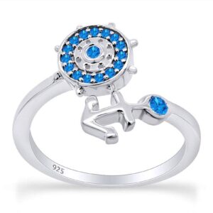 Round Simulated Blue Topaz 14k White Gold Over Sterling Silver Anchor & Rudder Ring