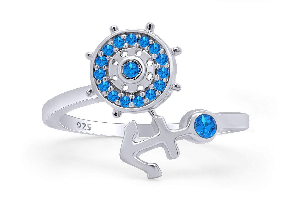 Round Simulated Blue Topaz 14k White Gold Over Sterling Silver Anchor & Rudder Ring