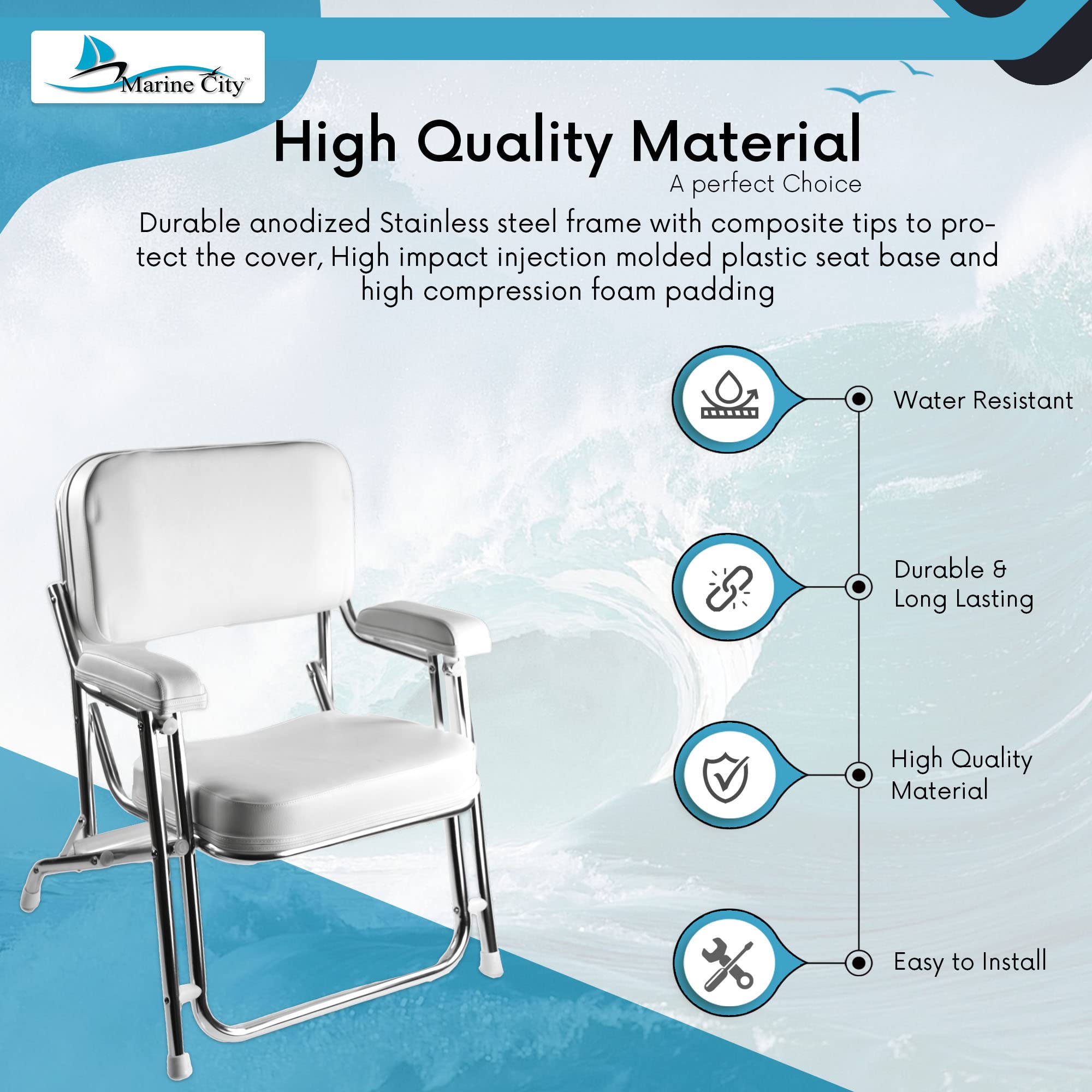 MARINE CITY Aluminum Portable Folding Cushioned Comfortable Boat Deck Beach Chair with Foam Padding for Marines – Boats – Yachts – Ships (Pack of 1)