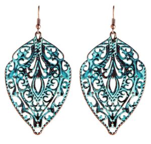 patina copper-tone metal filigree dangle earrings