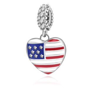 USA American Flag Charms 925 Sterling Silver Heart Love Motherland Charms Fits Pandora European Bracelet (Heart Dangle)