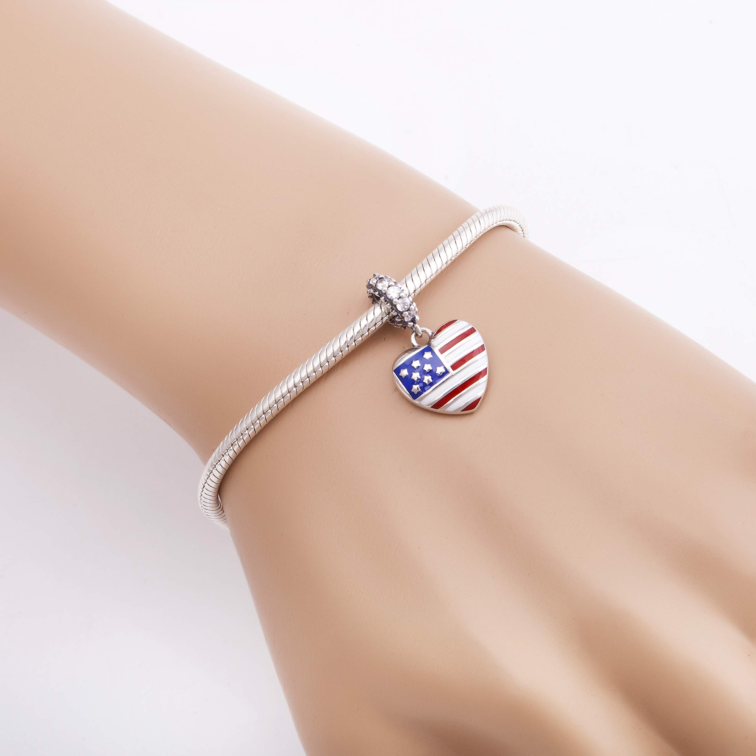 USA American Flag Charms 925 Sterling Silver Heart Love Motherland Charms Fits Pandora European Bracelet (Heart Dangle)