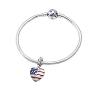 USA American Flag Charms 925 Sterling Silver Heart Love Motherland Charms Fits Pandora European Bracelet (Heart Dangle)