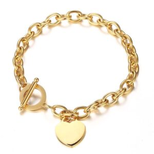 wanggao elegent love stainless steel link chain blank heart charms bracelet for women fits 6.27-7.24'' wrist toggle clasp closure gold