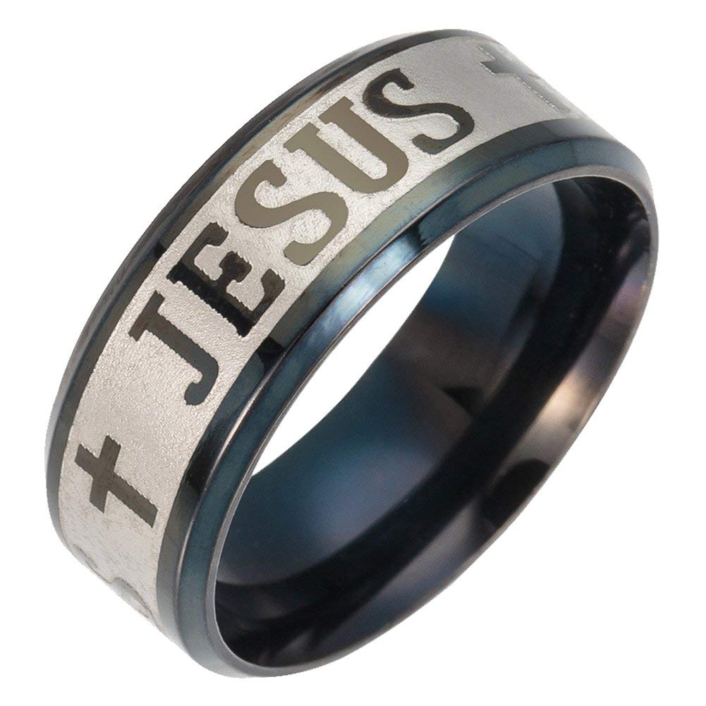 JAJAFOOK Jewelry 8mm Black Stainless Steel Christian Christ Jesus Cross Letter for Unisex Ring