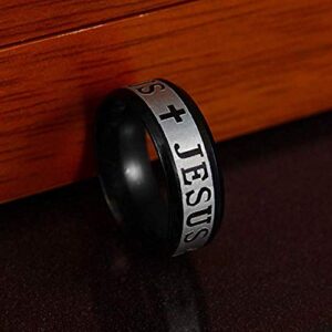 JAJAFOOK Jewelry 8mm Black Stainless Steel Christian Christ Jesus Cross Letter for Unisex Ring