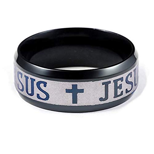 JAJAFOOK Jewelry 8mm Black Stainless Steel Christian Christ Jesus Cross Letter for Unisex Ring