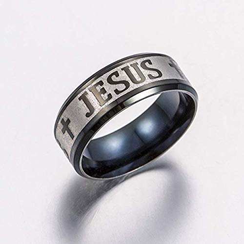 JAJAFOOK Jewelry 8mm Black Stainless Steel Christian Christ Jesus Cross Letter for Unisex Ring