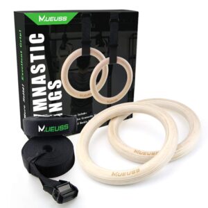 MUEUSS Gymnastic Rings Wooden Gym Rings with Adjustable Straps, Fitness Rings, Exercise Rings, Heavy Duty Gym Equipment for Training Workout, Strength Training, Gymnastics Olympic Thickness 1.1" 28mm