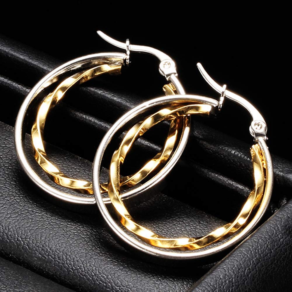 Stainless Steel Two-Tone Twisted Circle Hoop Earrings (Silver Gold)