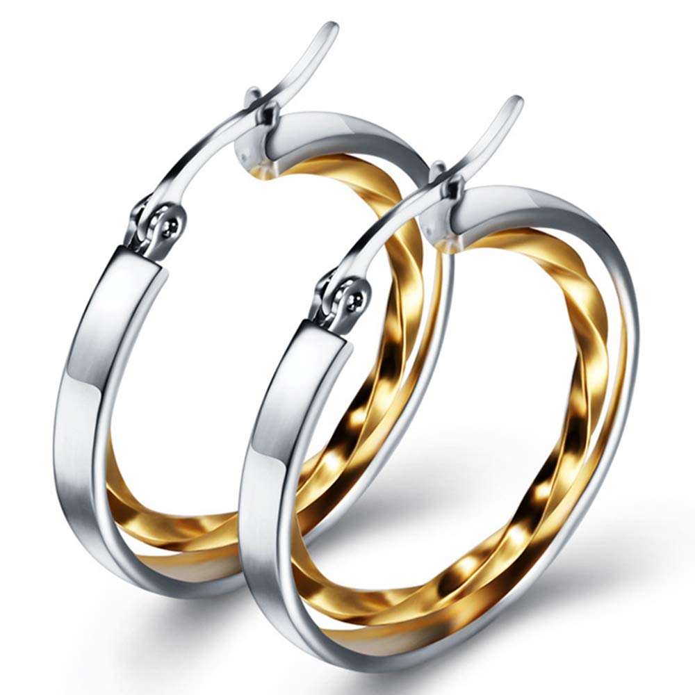 Stainless Steel Two-Tone Twisted Circle Hoop Earrings (Silver Gold)