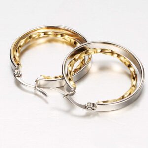 Stainless Steel Two-Tone Twisted Circle Hoop Earrings (Silver Gold)