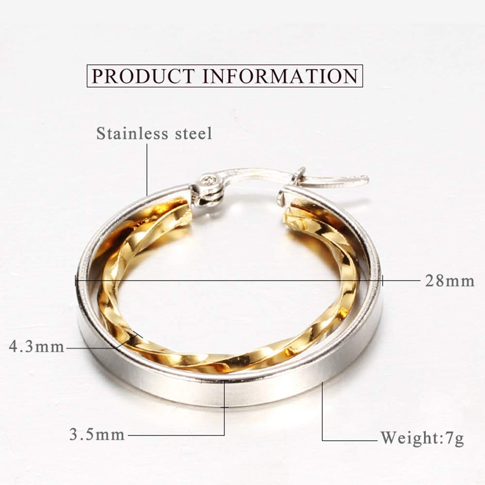 Stainless Steel Two-Tone Twisted Circle Hoop Earrings (Silver Gold)