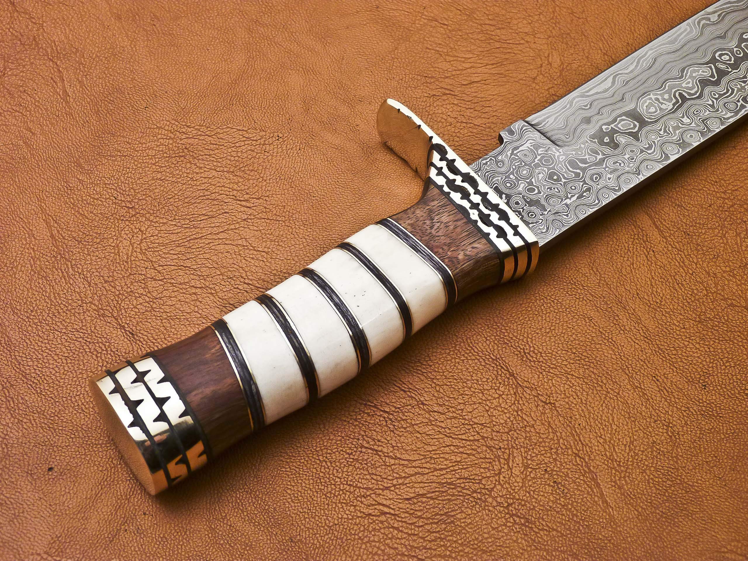 Custom Damascus Hunting Knife Camping Knife With Burl Wood Handle