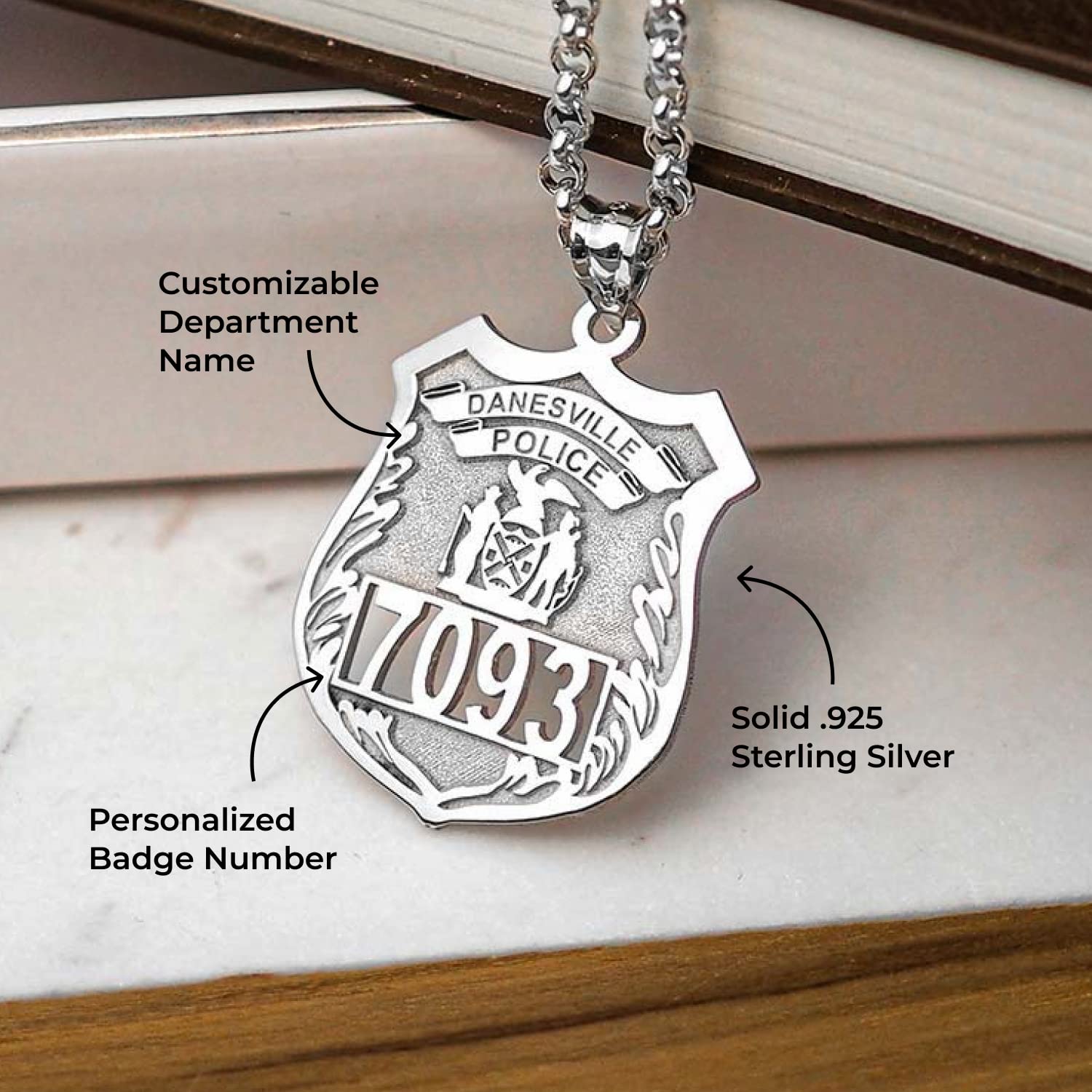 PicturesOnGold.com Personalized Police Badge with Your Number & Department in Solid 10K, 14k Gold or Sterling Silver (Sterling Silver, 1 Inch X 1-1/4 Inch)