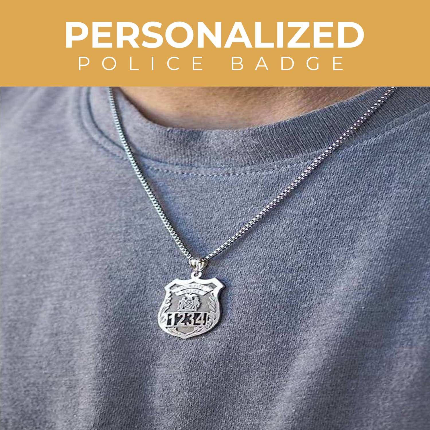 PicturesOnGold.com Personalized Police Badge with Your Number & Department in Solid 10K, 14k Gold or Sterling Silver (Sterling Silver, 1 Inch X 1-1/4 Inch)