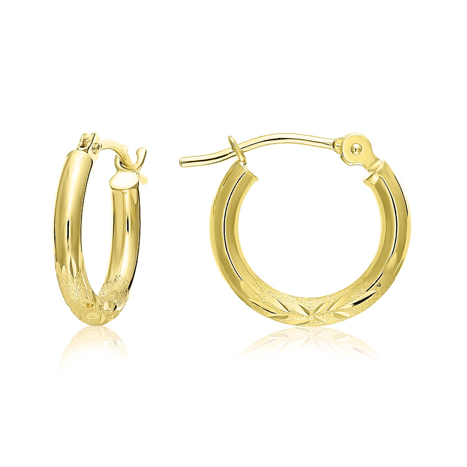 14k Gold Hand Engraved Diamond-Cut Round Hoop Earrings, (13mm-0.5 inch Diameter)-Yellow Gold…