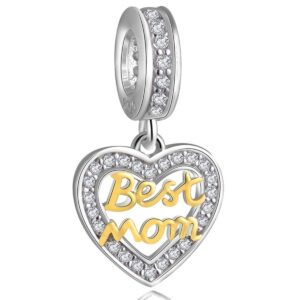 Best Mom Heart Charms for Women - 925 Sterling Silver Dangling Pendants Beads - Fit Pandora Mother’s Day Bracelets, Necklaces, European Snake Chains - Gifts for Thanksgiving .