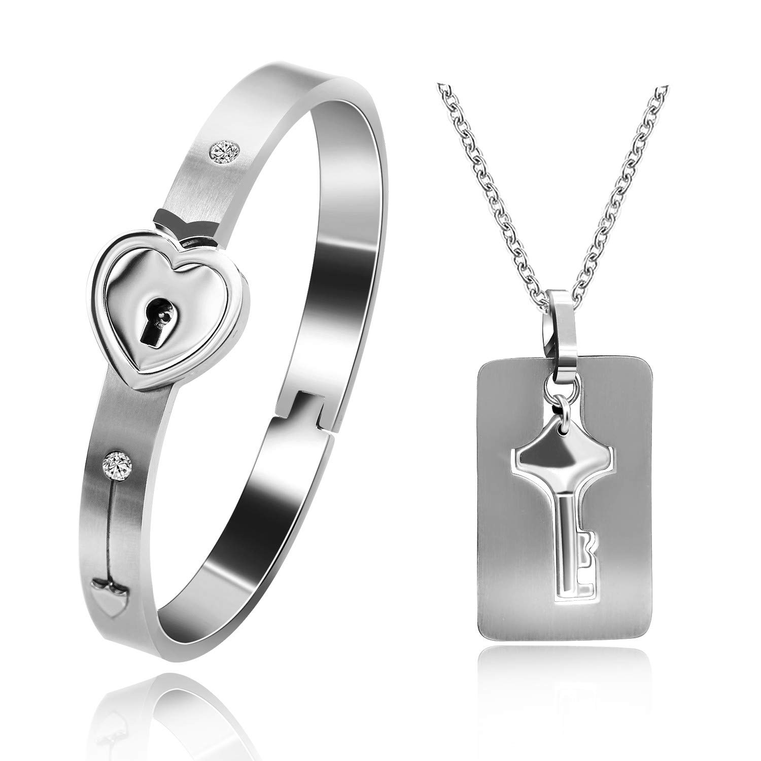 Uloveido His and Hers Matching Set Couple Titanium Only You Have My Key Bangle Bracelet Lock and Key Necklace Set for Girlfriend and Boyfriend SN300