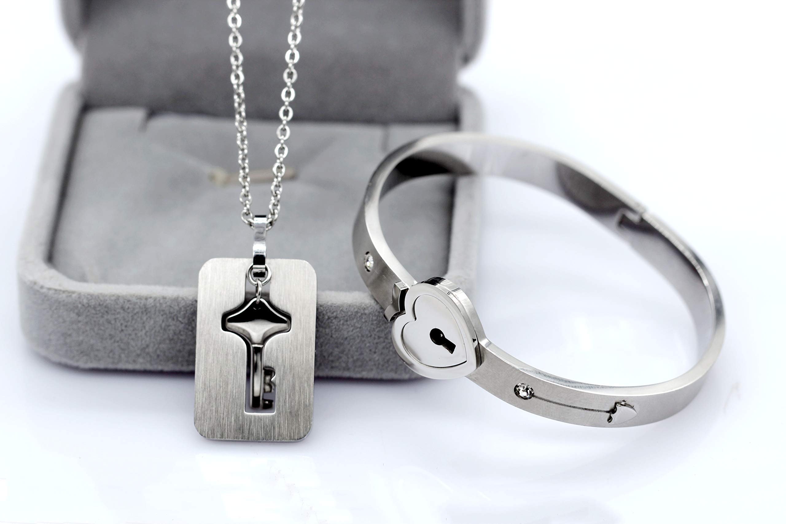 Uloveido His and Hers Matching Set Couple Titanium Only You Have My Key Bangle Bracelet Lock and Key Necklace Set for Girlfriend and Boyfriend SN300