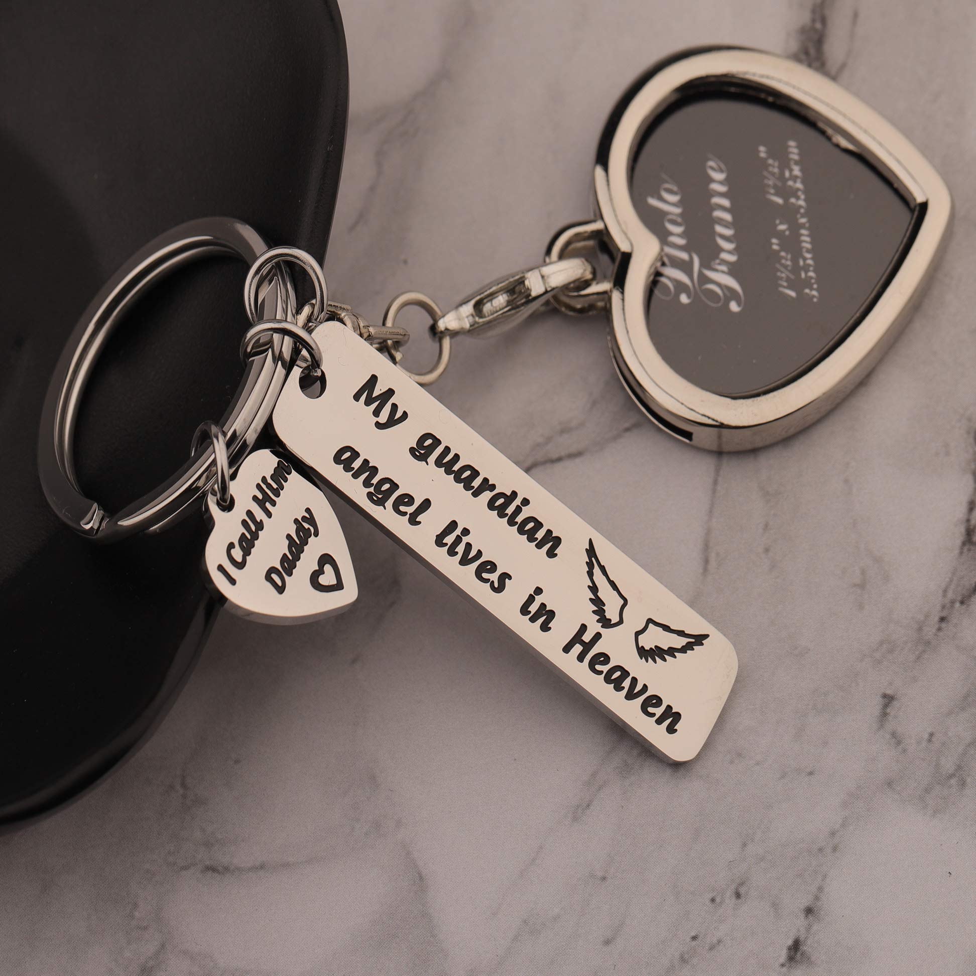 LQRI Memorial/Remembrance Photo Frame Keychain My Guardian Angel Lives in Heaven I Call Him Daddy Memorial Keychain Loss of a Dad Sympathy Gift In Memory of Dad (SILVER)