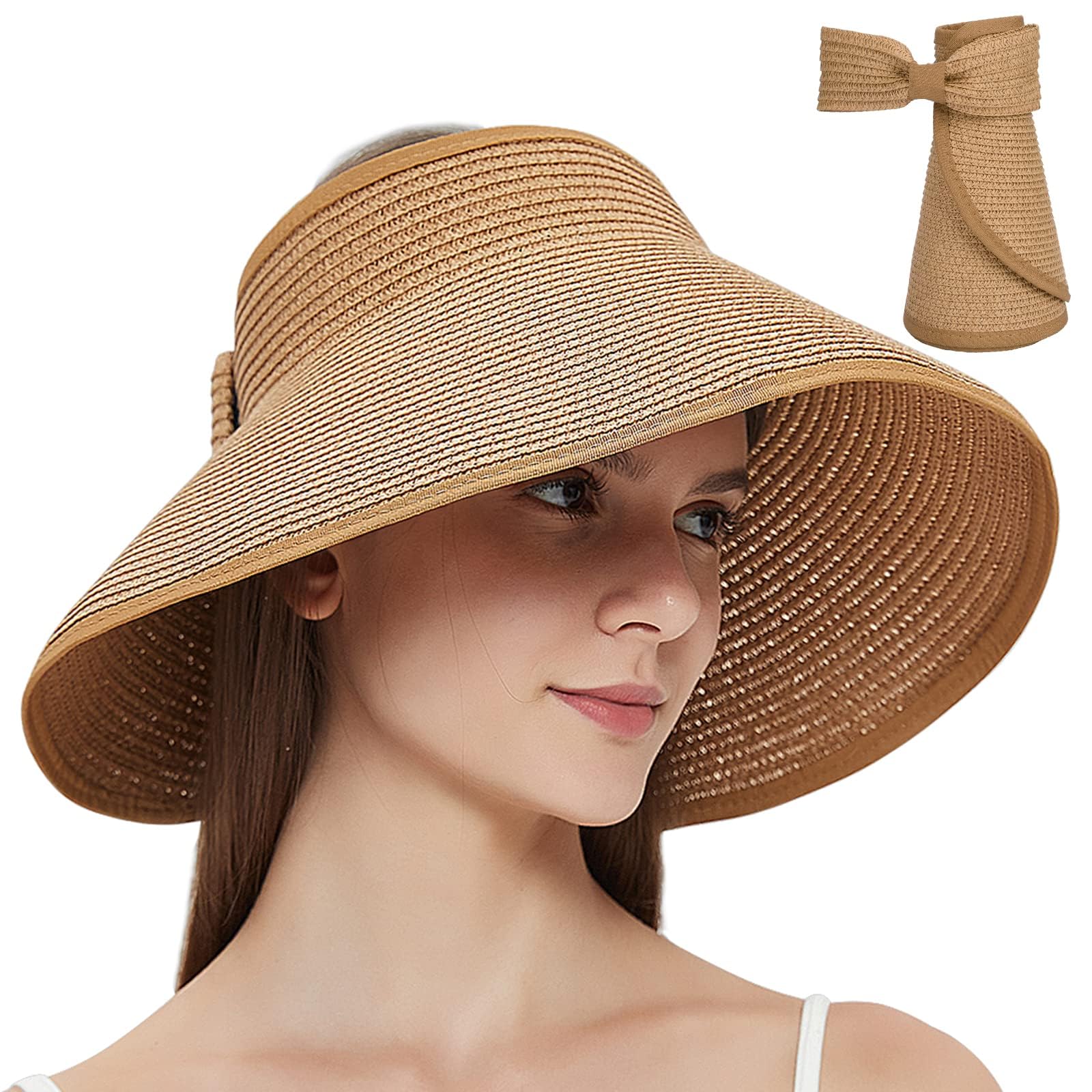 MAYLISACC Straw Sun Visor Hats for Women UPF50+ with Large Wide Brim, UV Protection Packable Floppy Beach Sun Hat Vicera Mujer Khaki