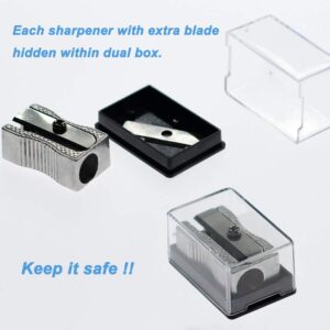 WEKOL Metal Dual Pencil Sharpener Aluminum Alloy Manual Sharpeners with Acrylic Cover,4Pcs Sharpener Blades Included,Silver