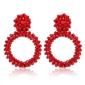 ZITULRY Statement Drop Earrings for Women Drazy Beads Dangle Earrings Wrapped Beads Earrings (Red)