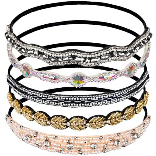 Teenitor 5pcs Rhinestone Beaded Headbands, No Slip Jeweled Head Wraps Women Girls Hair Headbands