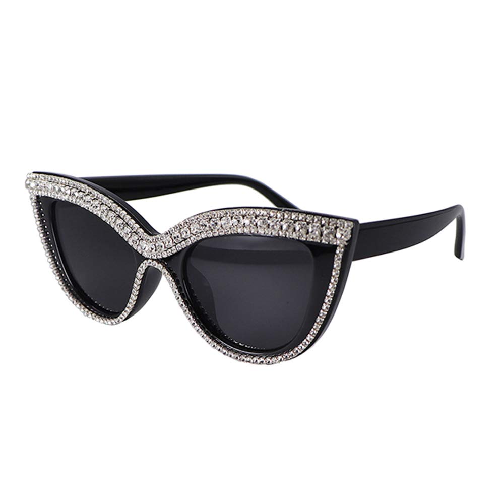 FUPRECIOUS Cat Eye Sunglasses Bling Rhinestones Crystal Black Plastic Frame Eyewear