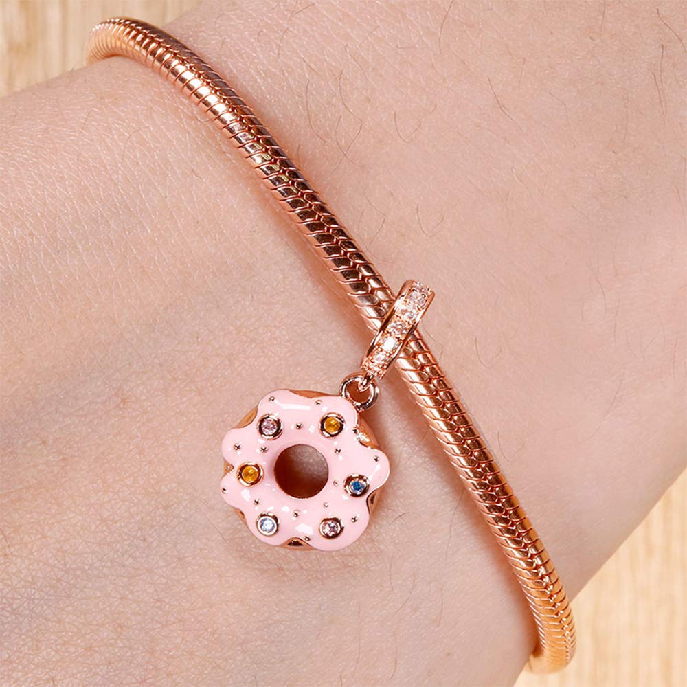 GNOCE Donut Pendant Charms for Bracelet S925 Sterling Silver 18K Rose Gold Plated Pink Doughnut Charms For Women Gilrs Jewelry Gifts Fit All Necklace