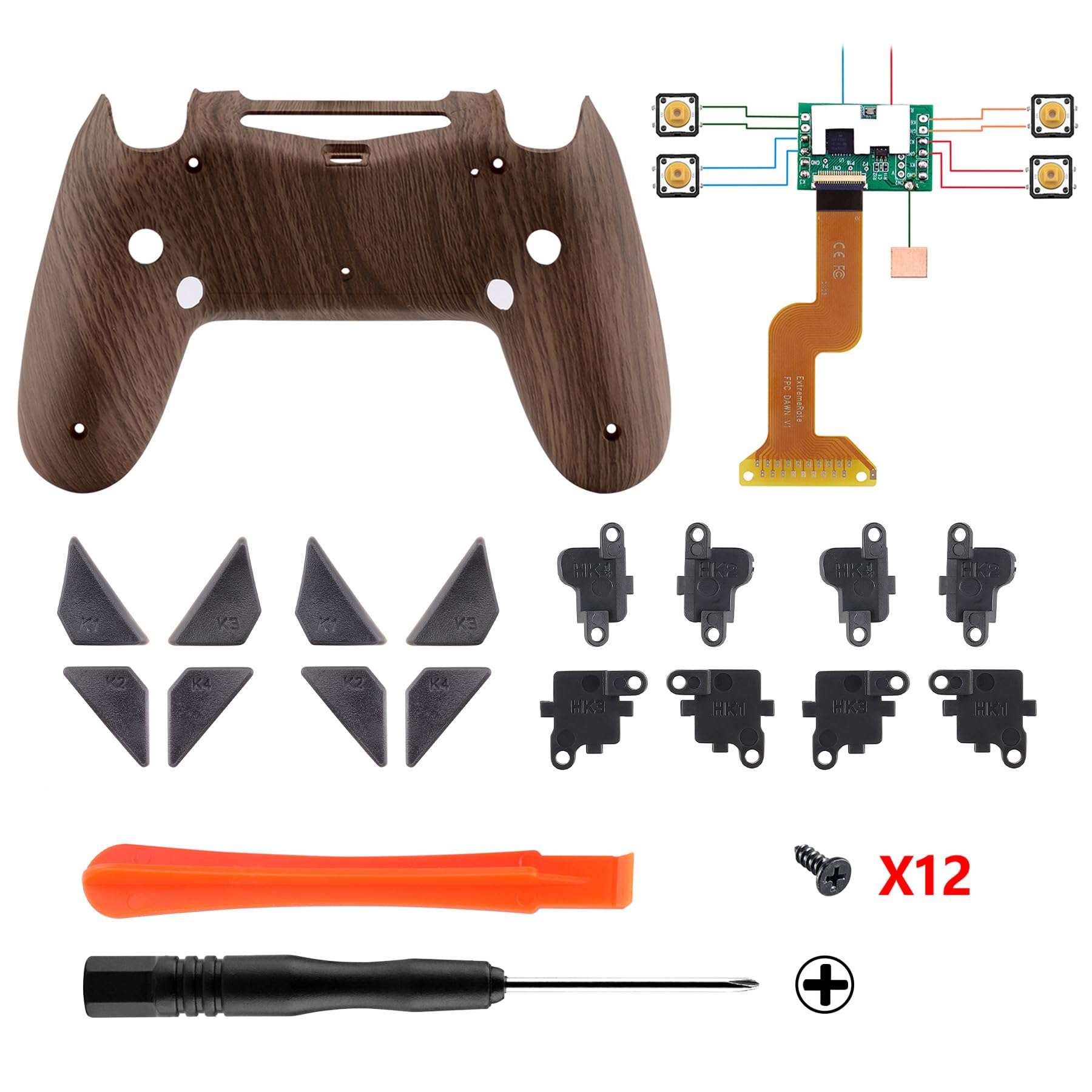 eXtremeRate Wood Grain Patterned Dawn Programable Remap Kit for PS4 Controller with Upgrade Board & Redesigned Back Shell & 4 Back Buttons - Compatible with JDM-040/050/055 - Controller NOT Included