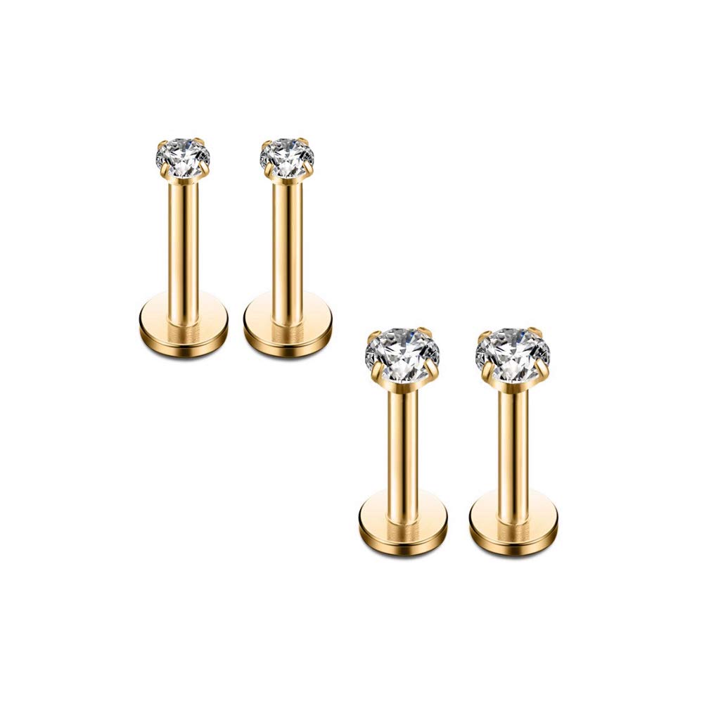 16G Clear CZ Labret Monroe Lip Ring Tragus Nail Helix Earring Stud Piercing Jewelry Surgical Stainless Steel 2mm 3mm CZ 8mm Bar 4-8 Pcs (2 Pairs Yellow Gold - Bar 8mm; CZ:2-3mm)