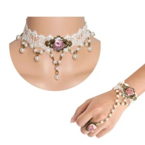 Eigso 2 Pcs White Lace Choker Bracelet Set for Women Vintage Punk Goth Necklace with Pink Rose Ring