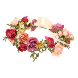 vivivalue rose flower crown adjustable flower headband hair wreath floral headpiece halo boho with ribbon party wedding