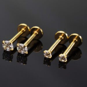 16G Clear CZ Labret Monroe Lip Ring Tragus Nail Helix Earring Stud Piercing Jewelry Surgical Stainless Steel 2mm 3mm CZ 8mm Bar 4-8 Pcs (2 Pairs Yellow Gold - Bar 8mm; CZ:2-3mm)