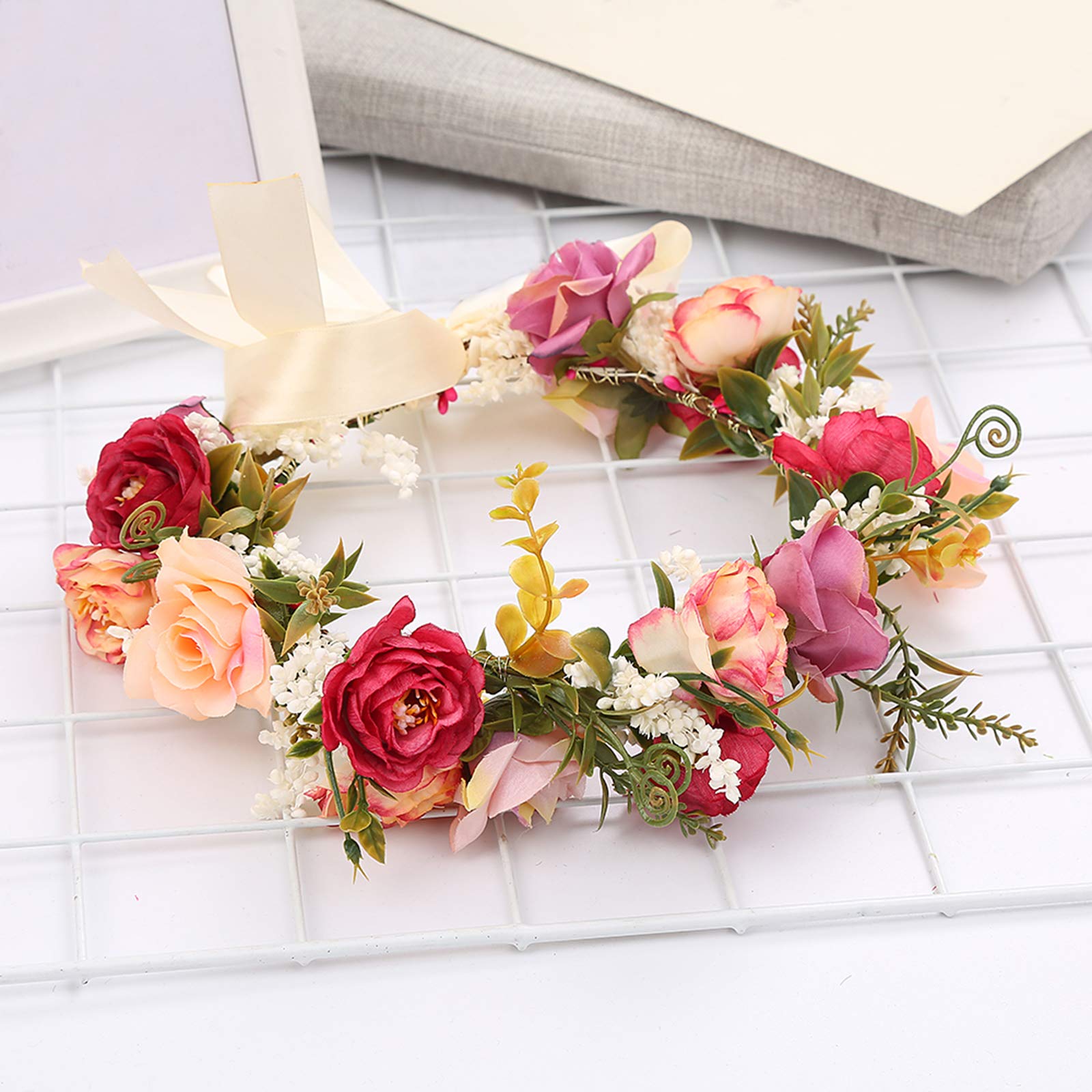 Vivivalue Rose Flower Crown Adjustable Flower Headband Hair Wreath Floral Headpiece Halo Boho with Ribbon Party Wedding