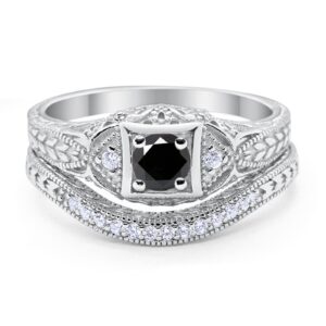 blue apple co. art deco vintage style two piece wedding engagement bridal set ring band round simulated black cz cubic zirconia 925 sterling silver size-9