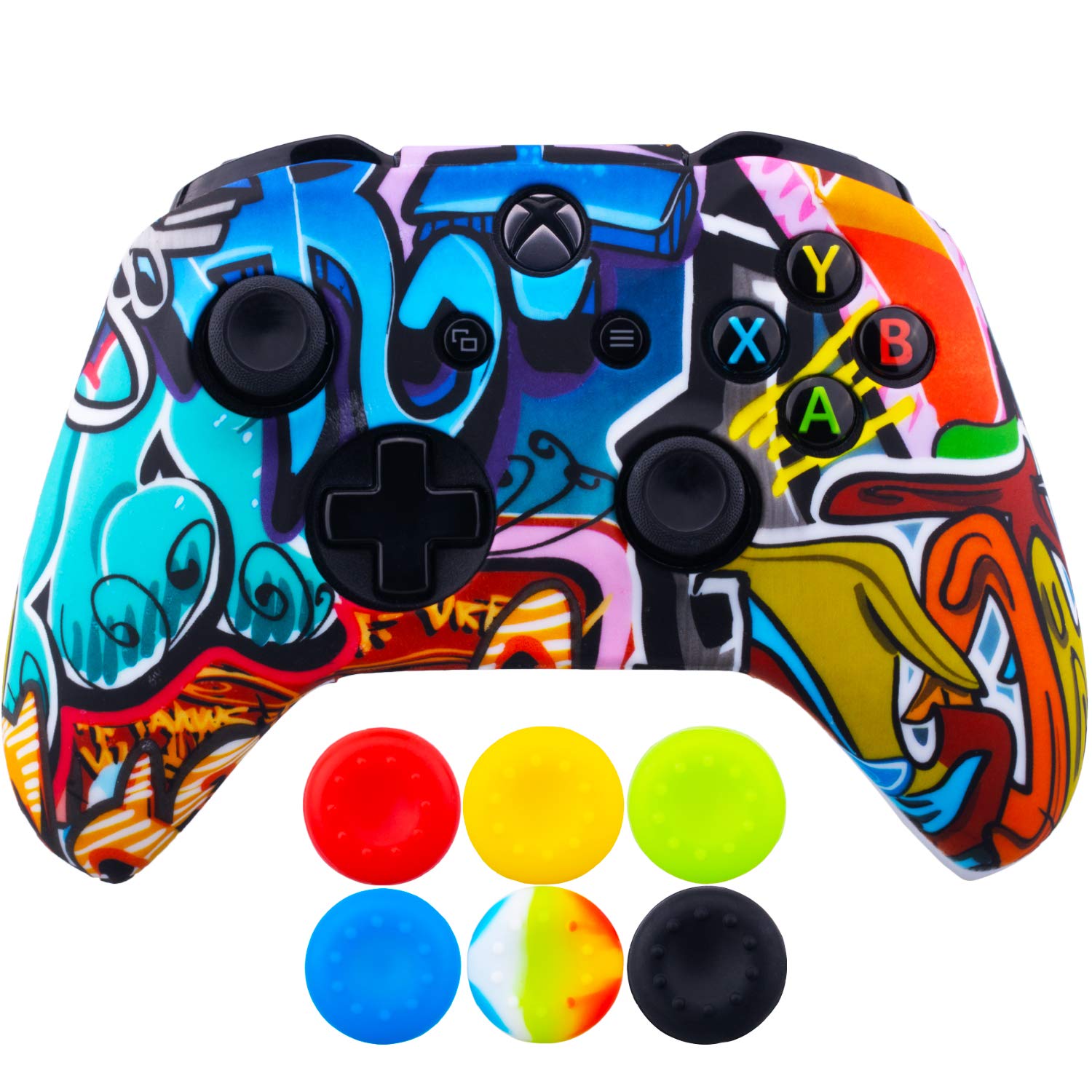 9CDeer 1 Piece of SiliconeTransfer Print Protective Cover Skin + 6 Thumb Grips for Xbox One/S/X Controller Cartoon Paints