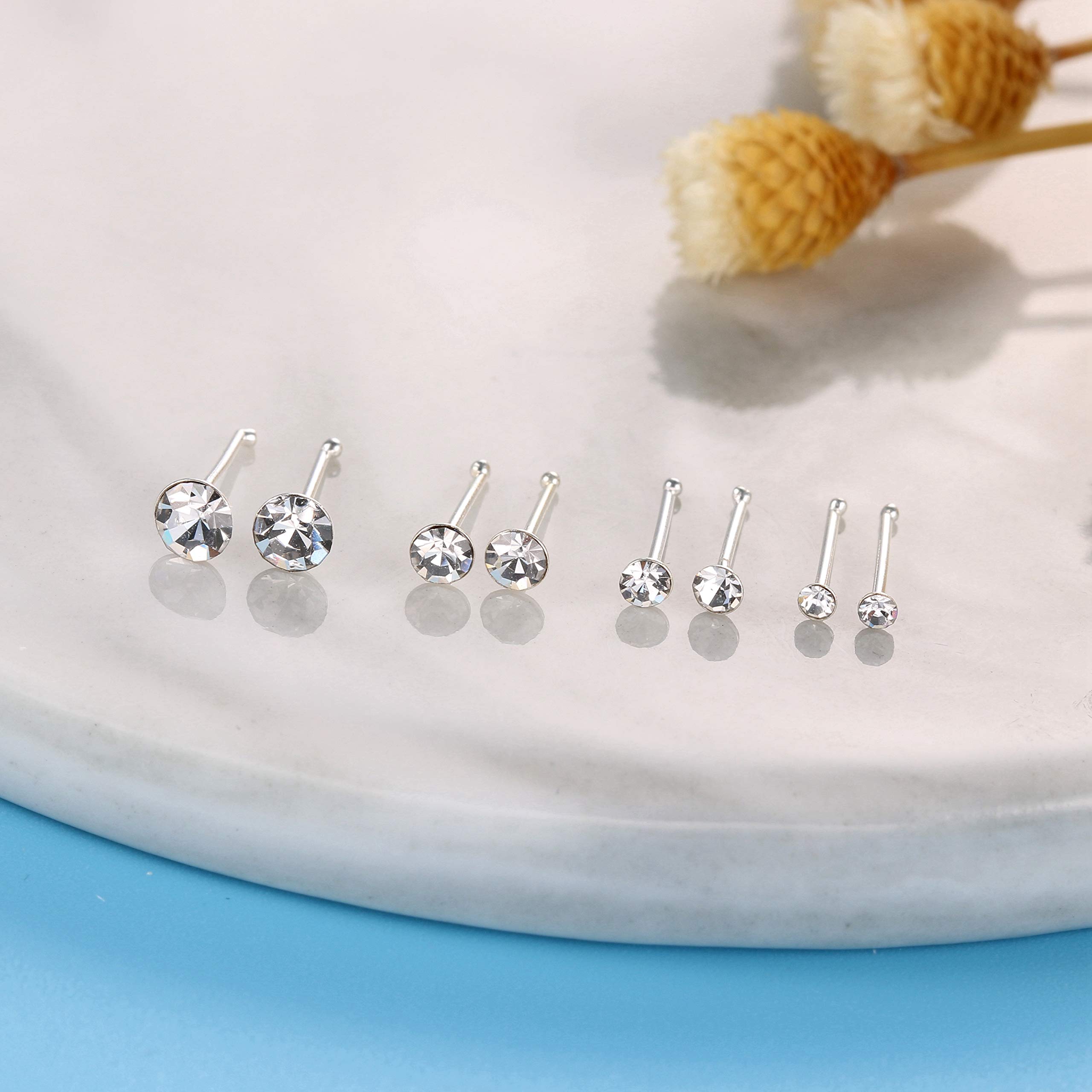 Sllaiss 8 Pcs 925 Sterling Silver Tiny Nose Ring Studs Set for Women Round Czech Crystal Nose Piercing Body Jewelry Hypoallergenic 1.5MM 2MM 2.5MM 3.5MM