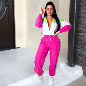 VOIKERDR Women Colorblock One Piece Outfits Set High Waist Pants Long Sleeve Zipper Front Windbreaker Jumpsuit Pink M