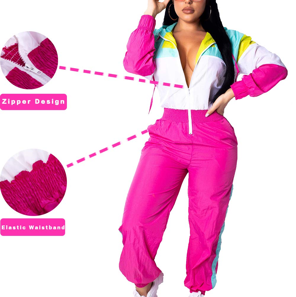 VOIKERDR Women Colorblock One Piece Outfits Set High Waist Pants Long Sleeve Zipper Front Windbreaker Jumpsuit Pink M