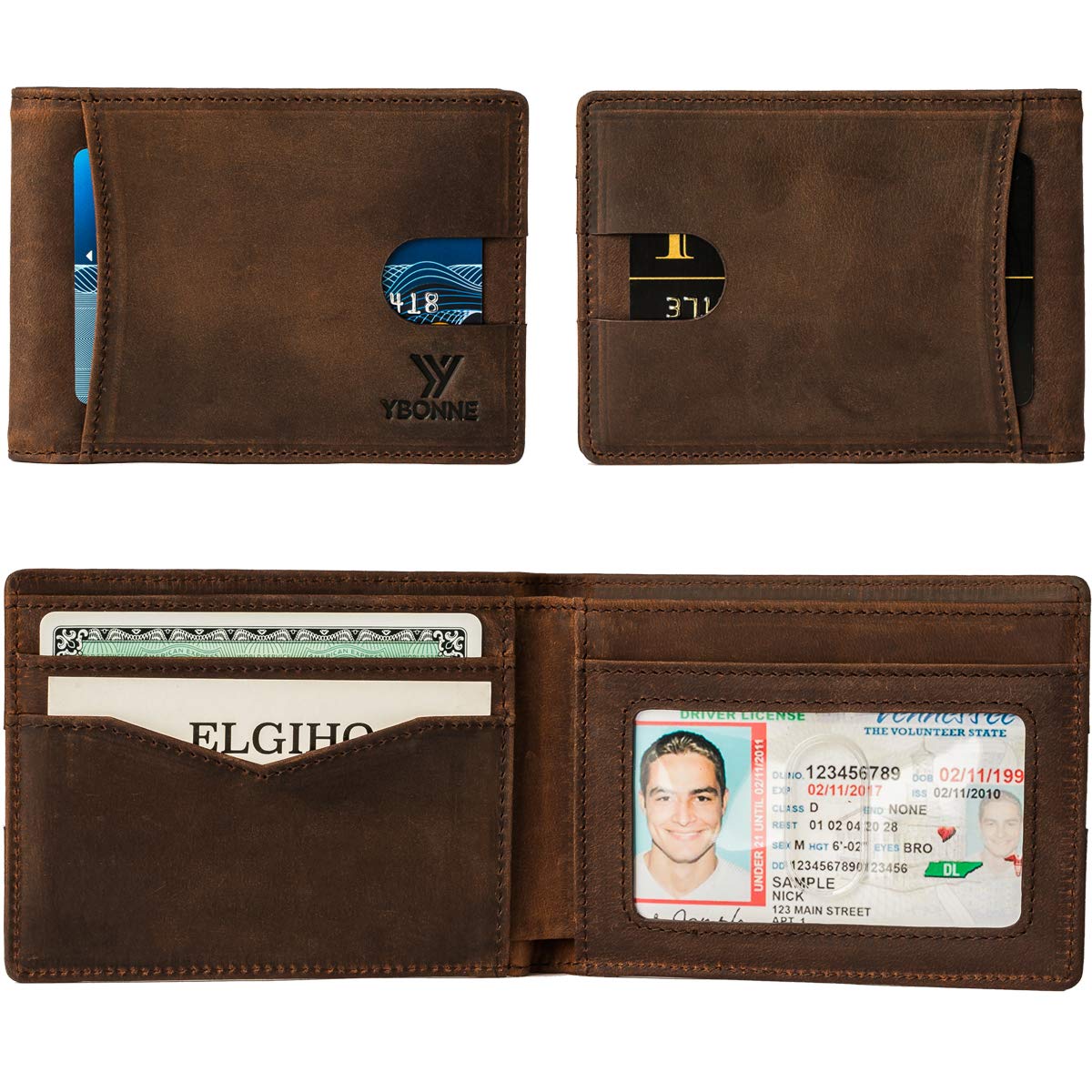 YBONNE RFID Blocking Slim Bifold Wallets for Men, Made of Finest Genuine Leather (Brown)