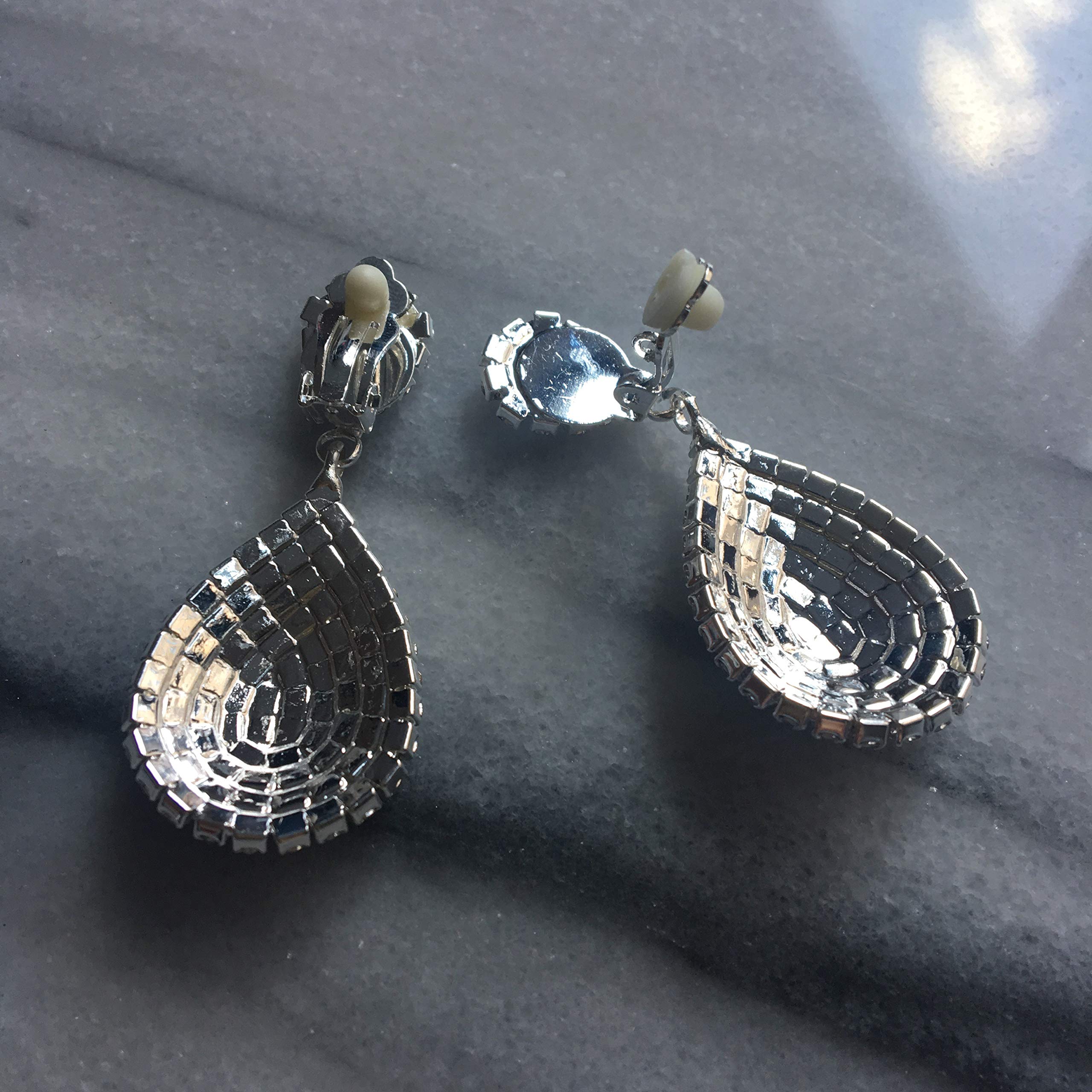 Silver Clip On Earrings Teardrop Earrings Rhinestone Crystals Dangle Earrings Statement Chandelier Drop Earrings for Women (Silver Clip-On)