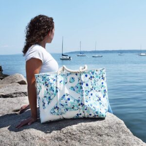 Sea Bags Recycled Sail Cloth White Anchor on Sea Glass Print Medium Tote Travel Tote Bag, Carry On Bag, Tote Bag for Work Rope Handles