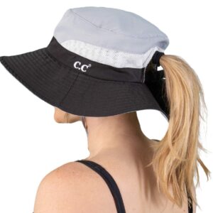 Funky Junque Ponytail Sun Hat Foldable Mesh Outdoor Beach Bucket Hat, Black/Grey